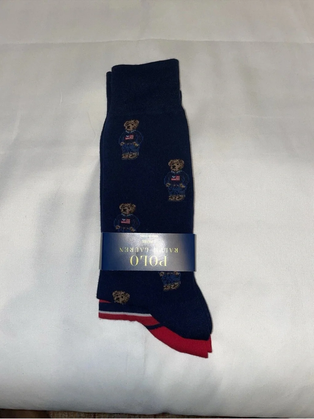 Polo by Ralph Lauren Navy Crew Socks with Bear Motif and Red Accents